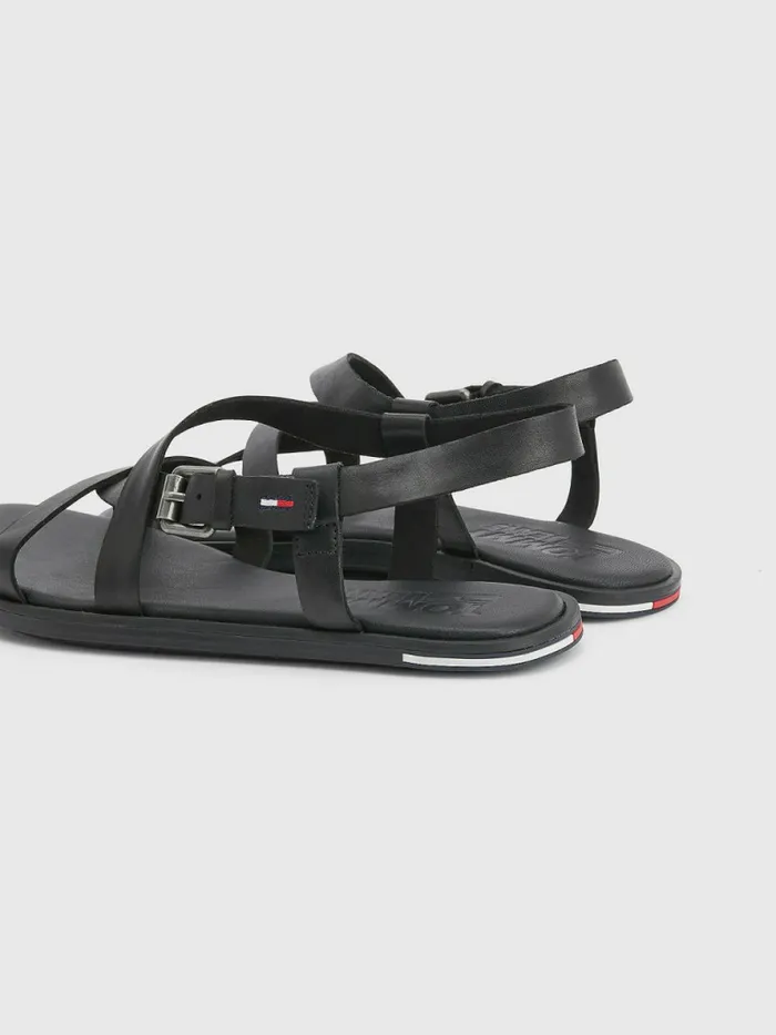 Tommy Hilfiger Crossover Straps Leather Sandals Black Womens Sandals Cheap On Sale
