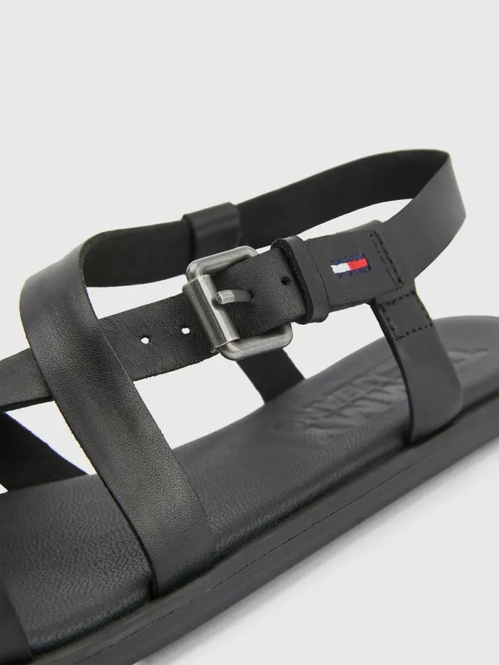 Tommy Hilfiger Crossover Straps Leather Sandals Black Womens Sandals Cheap On Sale