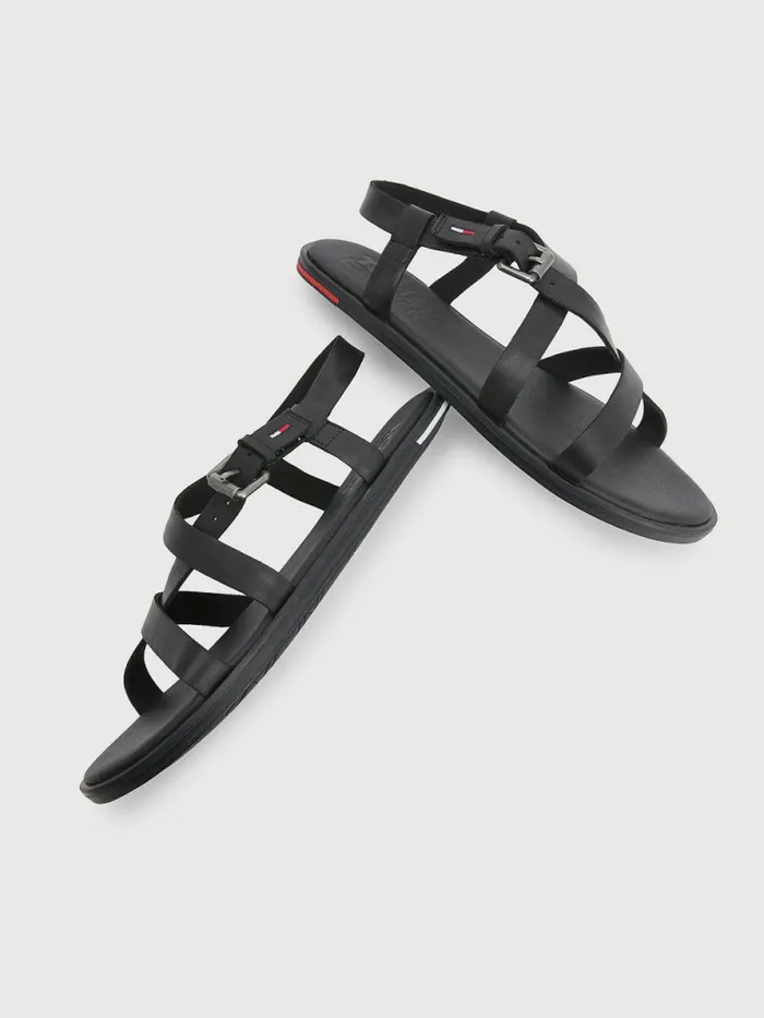 Tommy Hilfiger Crossover Straps Leather Sandals Black Womens Sandals Cheap On Sale