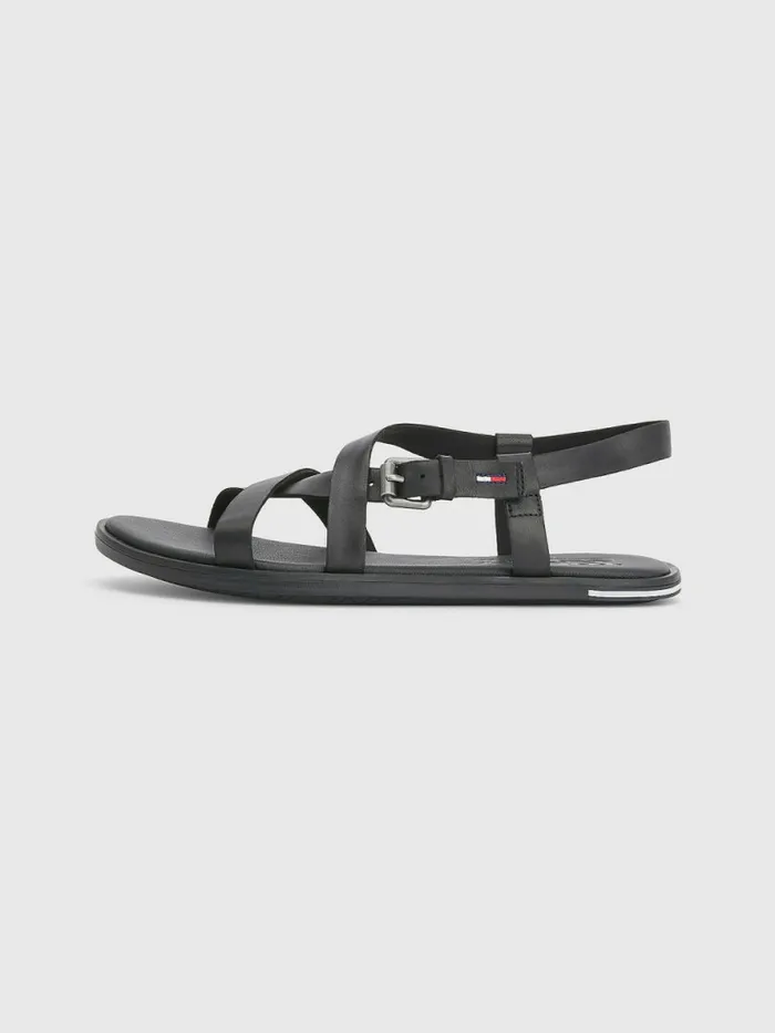 Tommy Hilfiger Crossover Straps Leather Sandals Black Womens Sandals Cheap On Sale