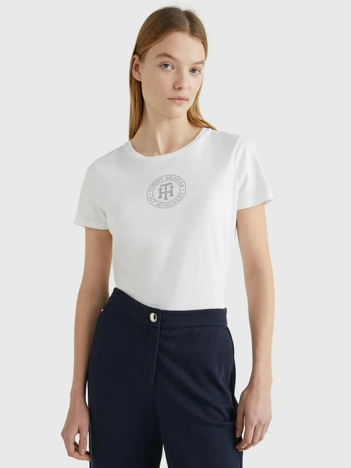 Tommy Hilfiger Crystal Monogram TShirt Th Optic White Womens TShirts Popular