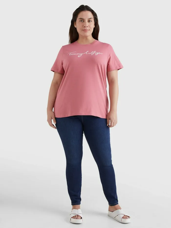 Tommy Hilfiger Curve Curve Signature Graphic Organic Cotton TShirt English Pink Womens TShirts Gift Ideas