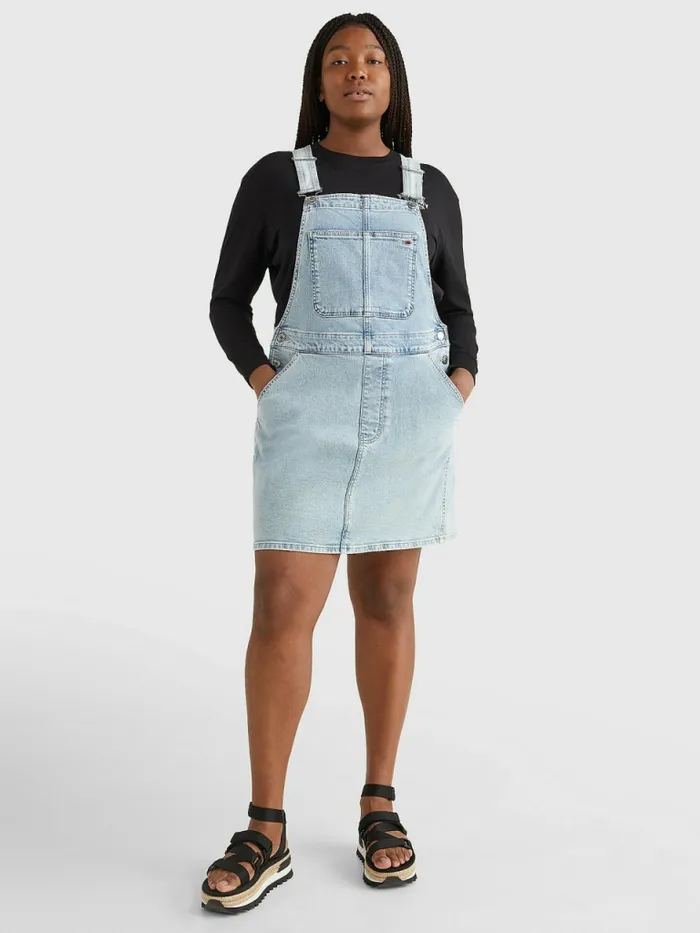 Tommy Hilfiger Curve Denim Dungaree Dress Denim Light Womens Dresses and Jumpsuits Cheap On Sale