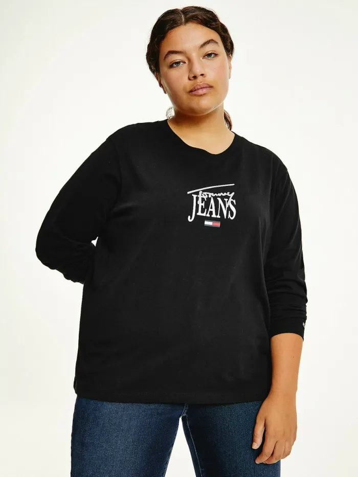 Tommy Hilfiger Curve Essential Logo Slim Fit Long Sleeve TShirt Black Womens Curve Fashion Tommy Hilfiger Curve Essential Logo Slim Fit Long Sleeve TShirt Black Womens Curve Fashion