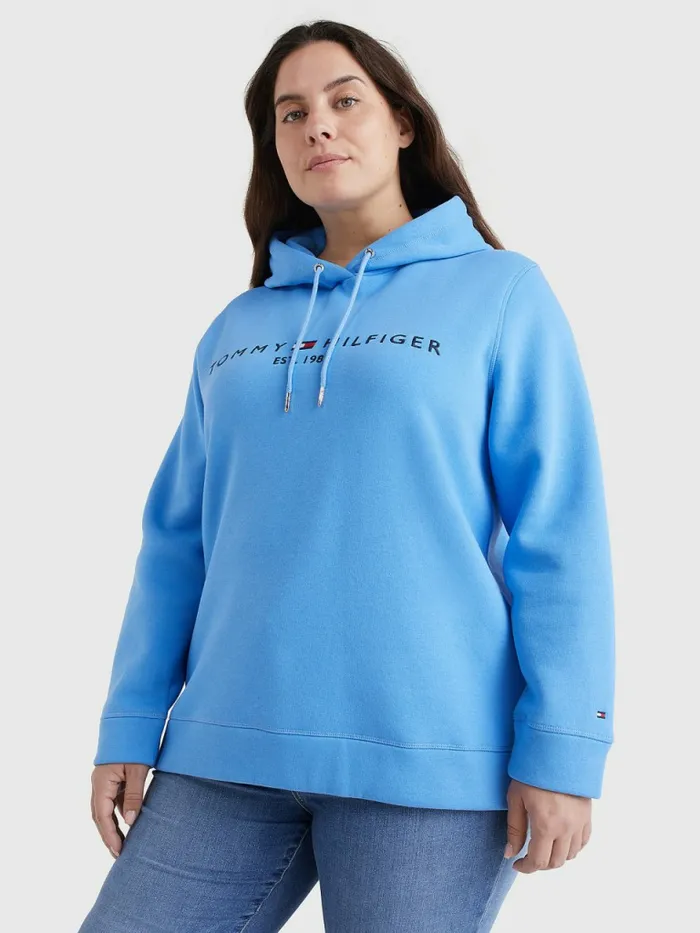 Tommy Hilfiger Curve Logo Drawstring Hoody Hydrangea Blue Womens Sweatshirts and Hoodies Gift for Friend