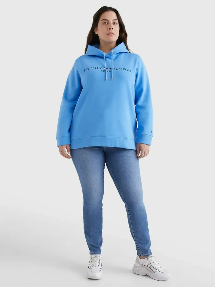 Tommy Hilfiger Curve Logo Drawstring Hoody Hydrangea Blue Womens Sweatshirts and Hoodies Gift for Friend