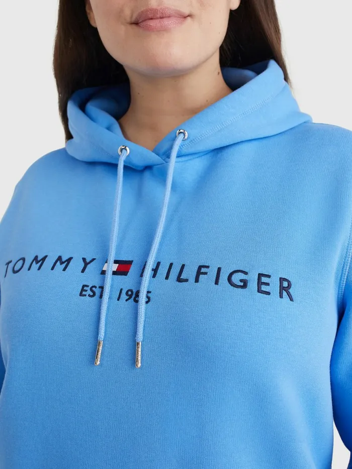 Tommy Hilfiger Curve Logo Drawstring Hoody Hydrangea Blue Womens Sweatshirts and Hoodies Gift for Friend