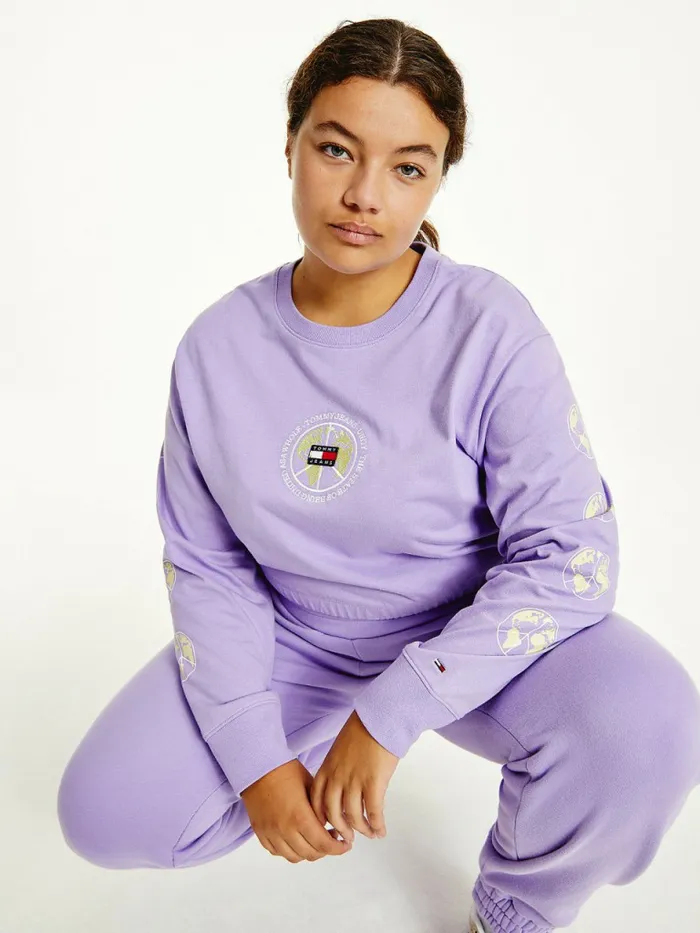 Tommy Hilfiger Curve Long Sleeves Cropped Fit TShirt Violet Viola Womens CoOrds