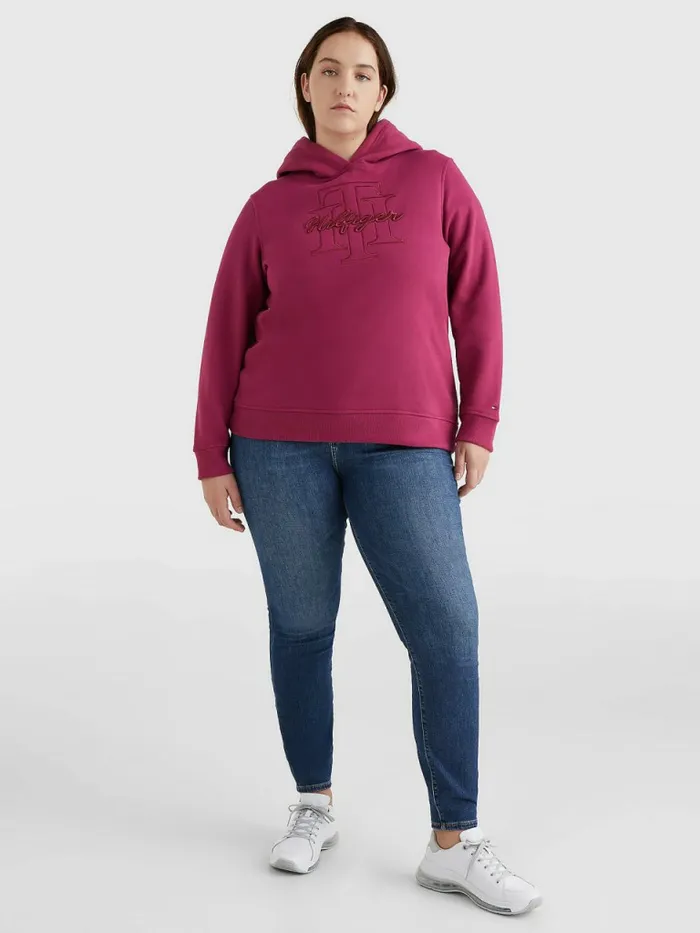 Tommy Hilfiger Curve Monogram Embroidery Regular Fit Hoody Crimson Ruby Womens Sweatshirts and Hoodies For Sale