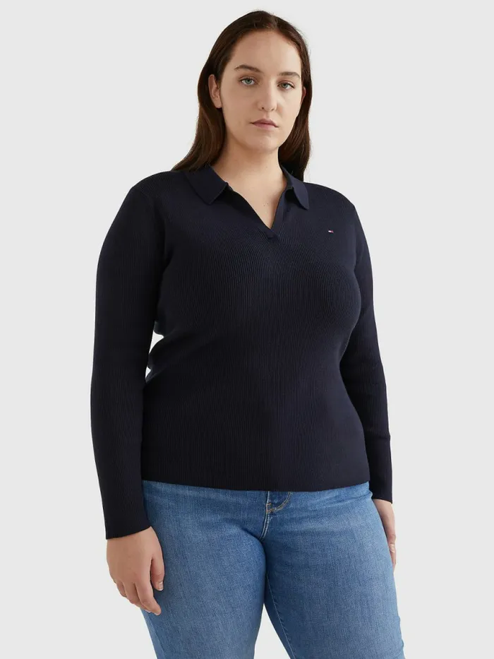 Tommy Hilfiger Curve Organic Cotton Slim Fit Polo Jumper Desert Sky Womens Knitwear Casaul Tommy Hilfiger Curve Organic Cotton Slim Fit Polo Jumper Desert Sky Womens Knitwear Casaul
