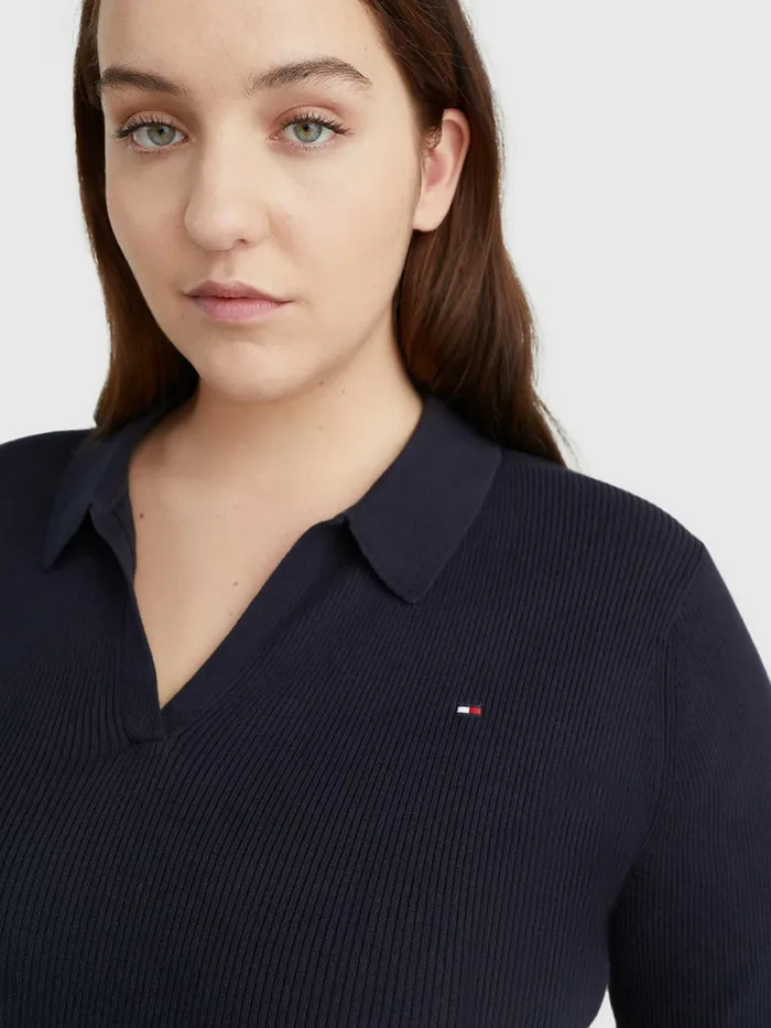 Tommy Hilfiger Curve Organic Cotton Slim Fit Polo Jumper Desert Sky Womens Knitwear Casaul