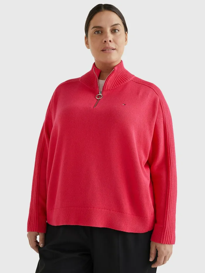 Tommy Hilfiger Curve Oversized HalfZip High Neck Jumper Pink Splendor Womens Knitwear On Sale Tommy Hilfiger Curve Oversized HalfZip High Neck Jumper Pink Splendor Womens Knitwear On Sale