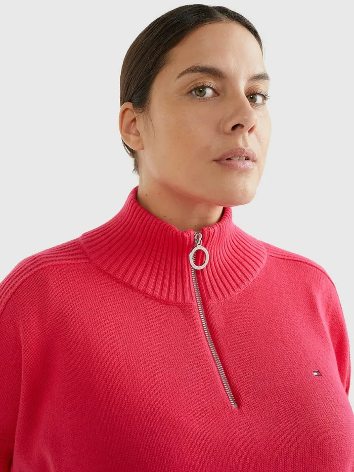 Tommy Hilfiger Curve Oversized HalfZip High Neck Jumper Pink Splendor Womens Knitwear On Sale