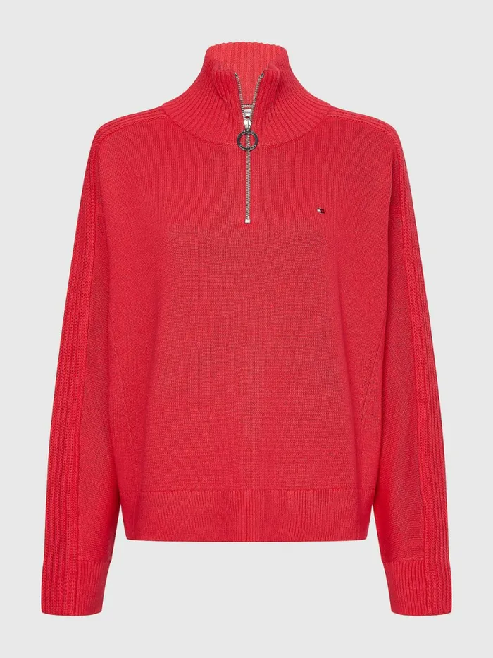 Tommy Hilfiger Curve Oversized HalfZip High Neck Jumper Pink Splendor Womens Knitwear On Sale
