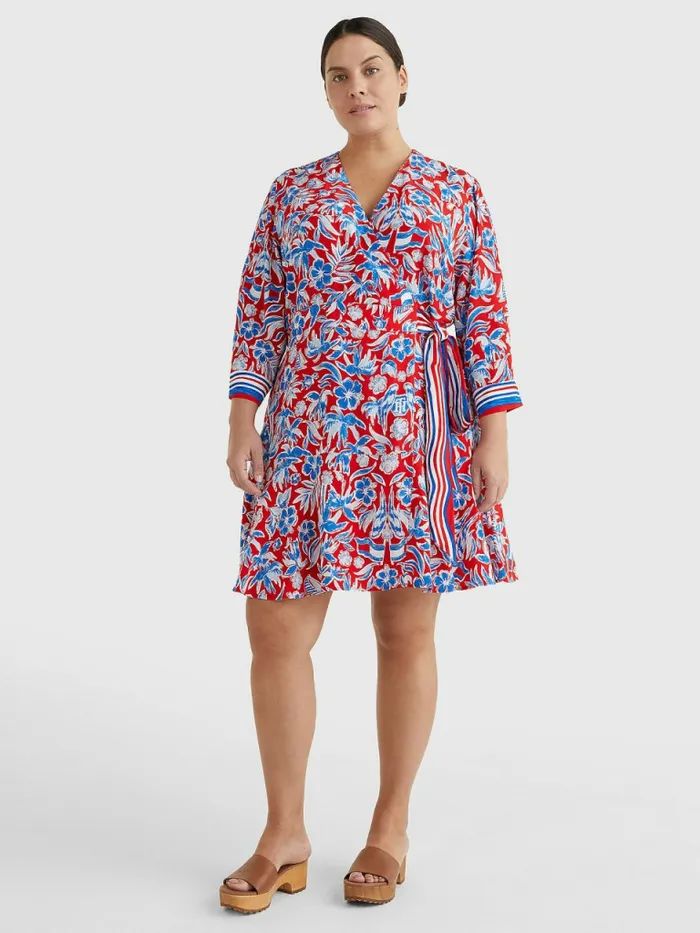 Tommy Hilfiger Curve Scarf Print Knee Length Wrap Dress Island Scarf Red Womens Dresses and Jumpsuits For Sale