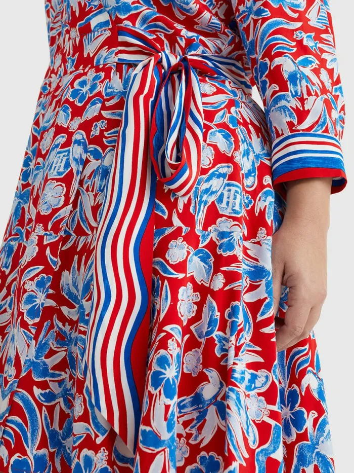 Tommy Hilfiger Curve Scarf Print Knee Length Wrap Dress Island Scarf Red Womens Dresses and Jumpsuits For Sale