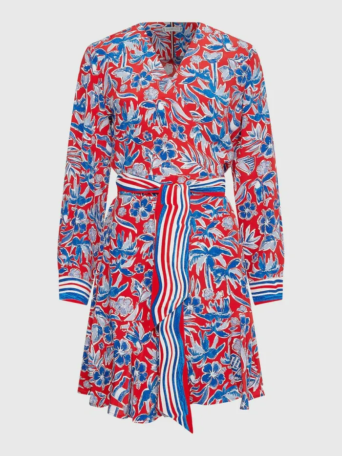 Tommy Hilfiger Curve Scarf Print Knee Length Wrap Dress Island Scarf Red Womens Dresses and Jumpsuits For Sale