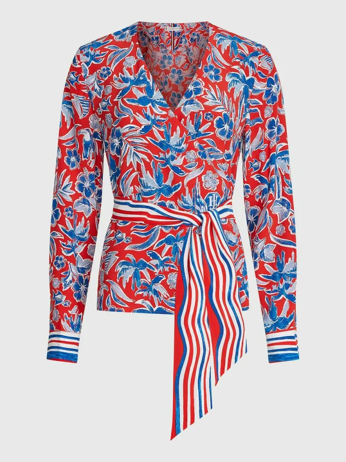 Tommy Hilfiger Curve Scarf Print Regular Fit Wrap Blouse Island Scarf Red Womens CoOrds Tommy Hilfiger Curve Scarf Print Regular Fit Wrap Blouse Island Scarf Red Womens CoOrds
