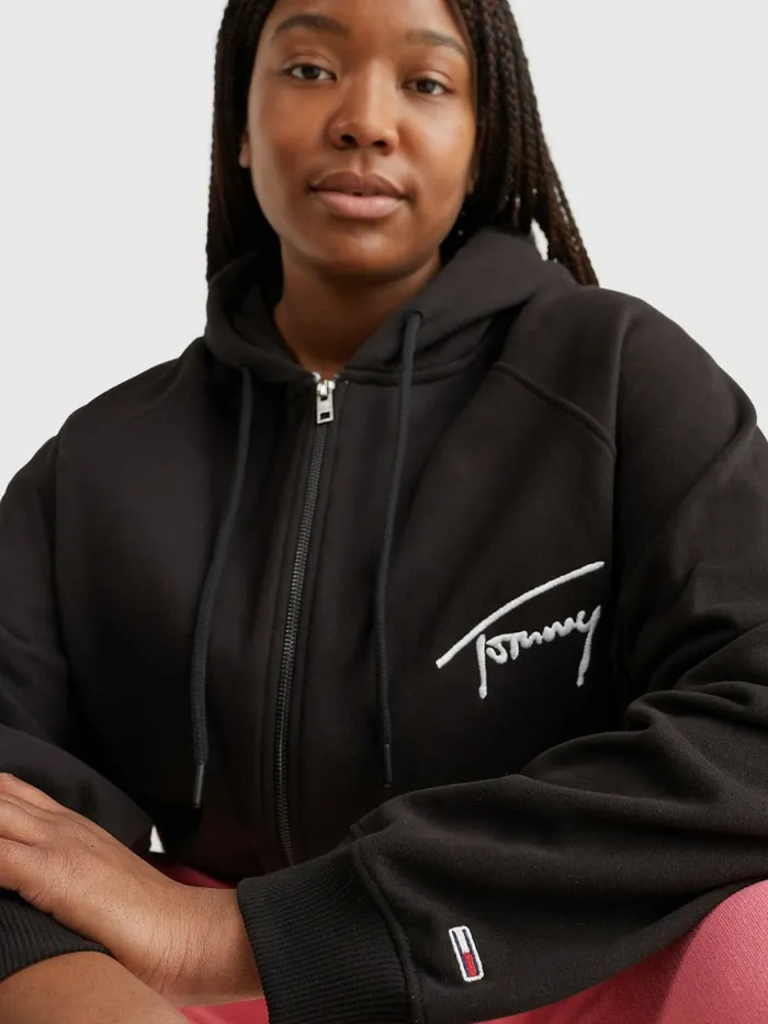 Tommy Hilfiger Curve Signature Logo ZipThru Hoody Black Womens Sweatshirts and Hoodies Fashion