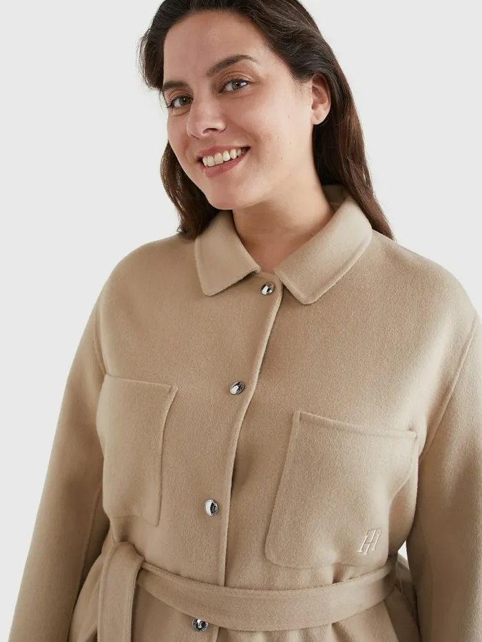 Tommy Hilfiger Curve Th Interlock Belted Shacket Beige Womens Coats and Jackets Online