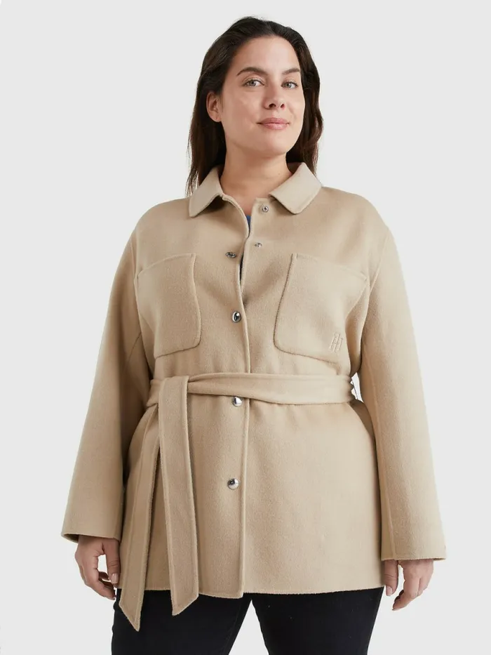 Tommy Hilfiger Curve Th Interlock Belted Shacket Beige Womens Coats and Jackets Online