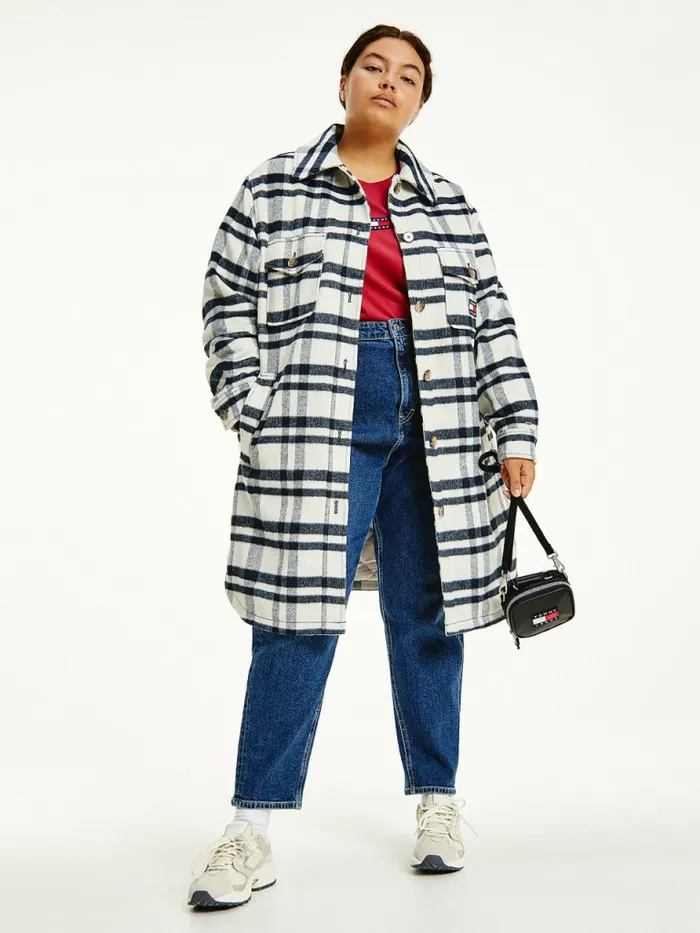 Tommy Hilfiger Curve Tommy Badge Check Shacket Stony Beige Check Womens Coats and Jackets Online