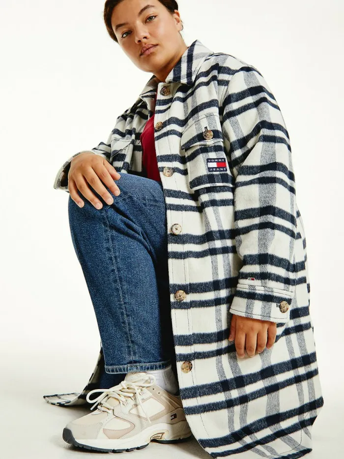 Tommy Hilfiger Curve Tommy Badge Check Shacket Stony Beige Check Womens Coats and Jackets Online
