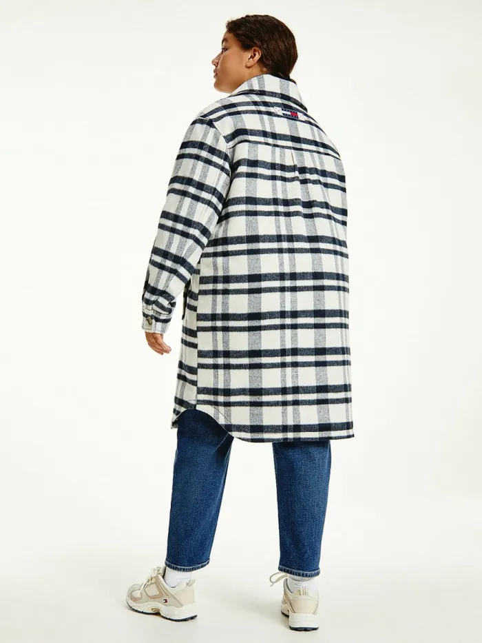 Tommy Hilfiger Curve Tommy Badge Check Shacket Stony Beige Check Womens Coats and Jackets Online