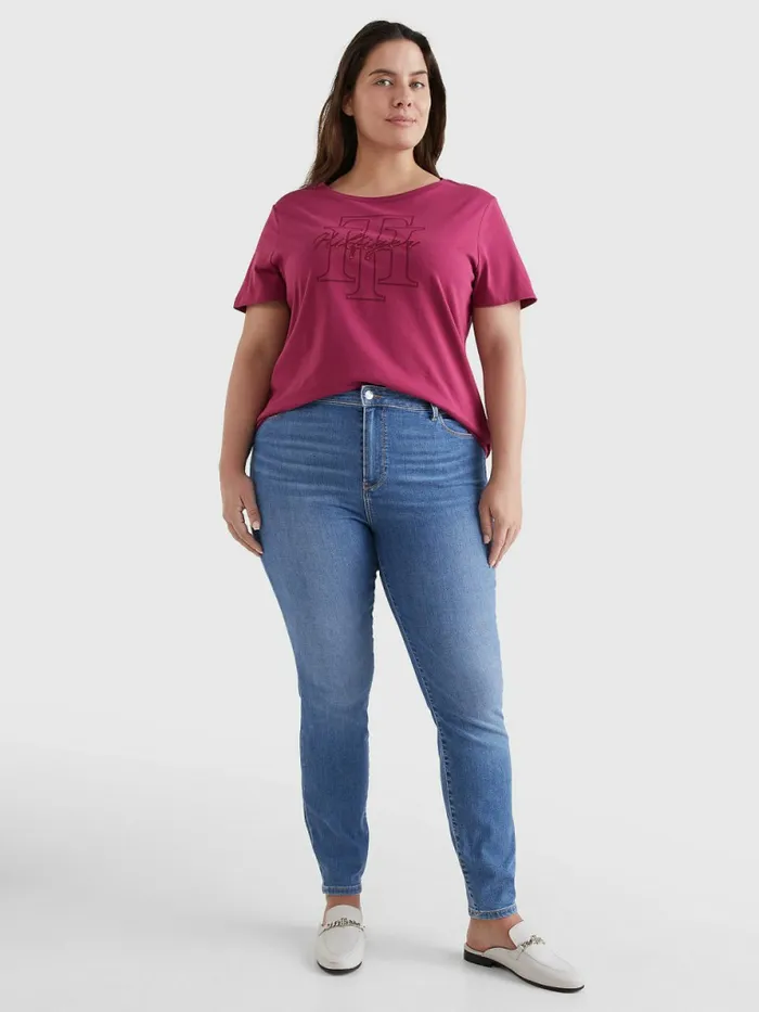 Tommy Hilfiger Curve Tonal Script Logo Organic Cotton TShirt Crimson Ruby Womens TShirts For Sale