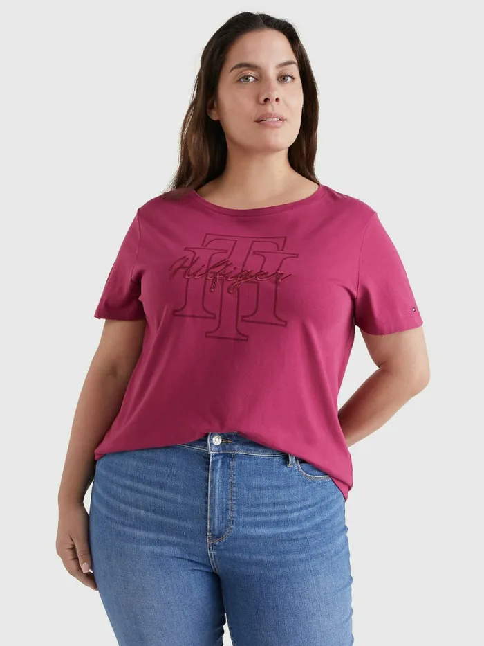 Tommy Hilfiger Curve Tonal Script Logo Organic Cotton TShirt Crimson Ruby Womens TShirts For Sale