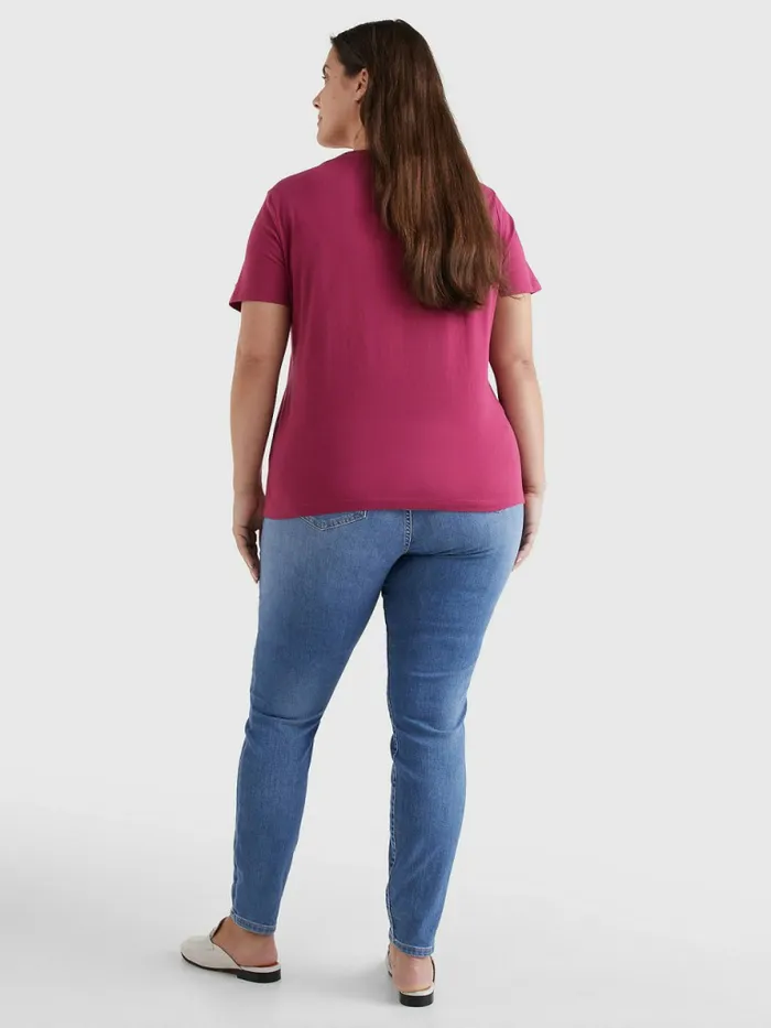 Tommy Hilfiger Curve Tonal Script Logo Organic Cotton TShirt Crimson Ruby Womens TShirts For Sale