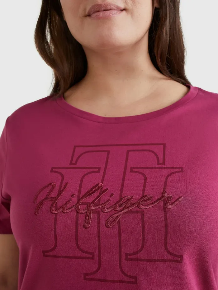 Tommy Hilfiger Curve Tonal Script Logo Organic Cotton TShirt Crimson Ruby Womens TShirts For Sale