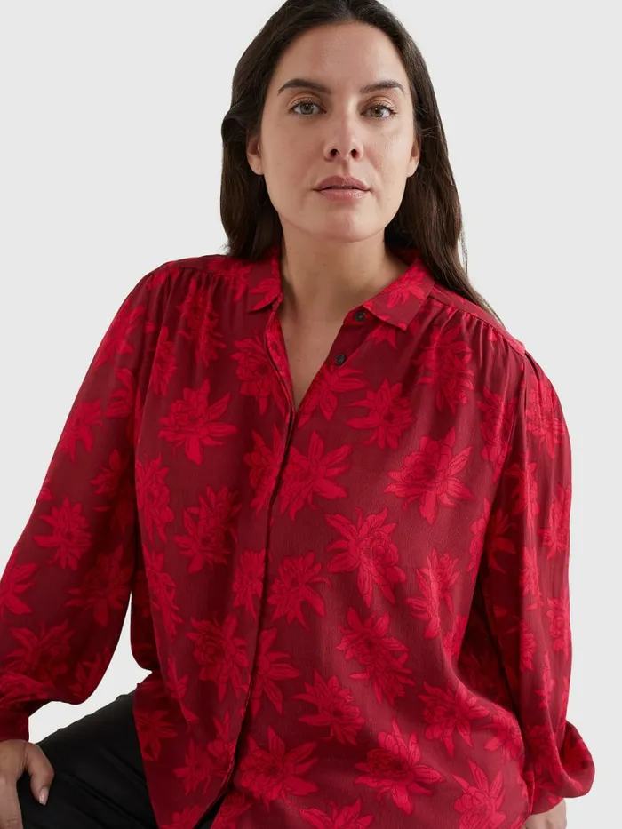 Tommy Hilfiger Curve VNeck Floral Print Regular Fit Blouse Mid Scale BloomPink Splendor Womens Shirts and Blouses Sale
