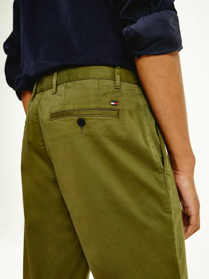 Tommy Hilfiger Denton Straight Fit Satin Chinos Olivewood Mens Trousers
