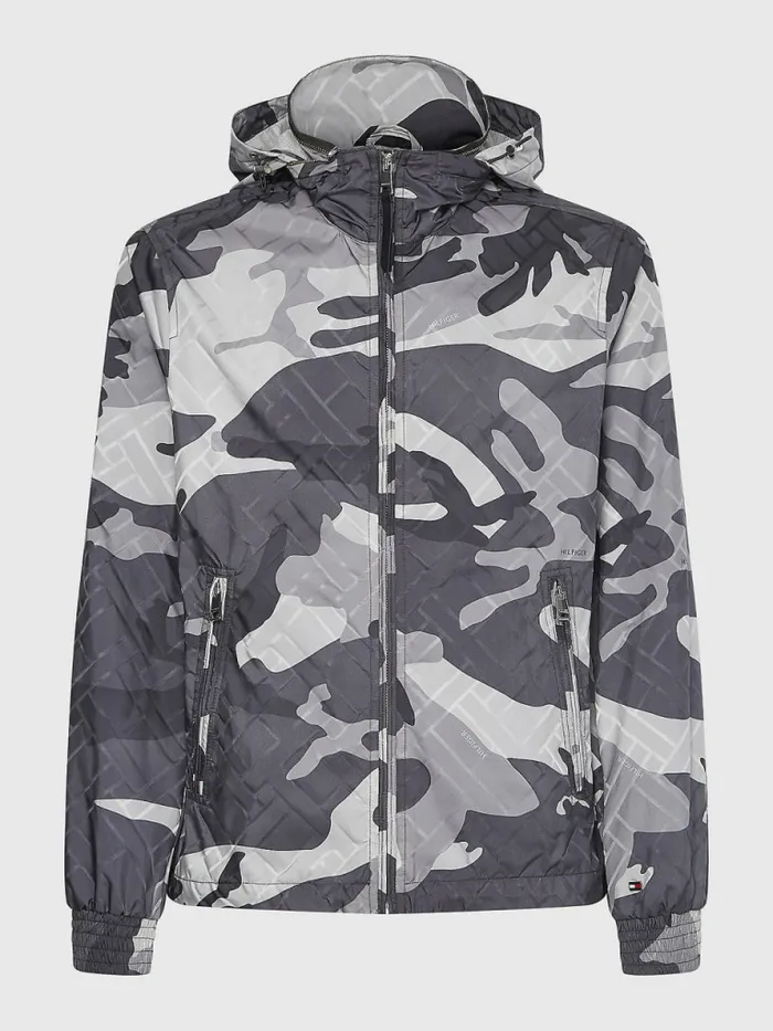 Tommy Hilfiger Elevated Camo Print Hooded Jacket Antique Grey Mens Coats and Jackets Near Me
