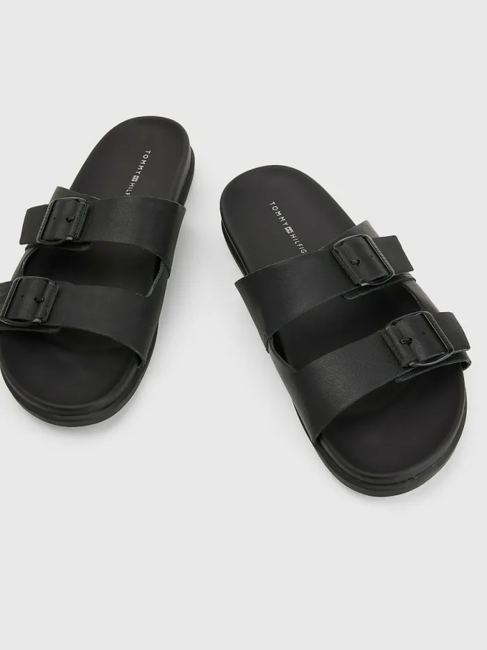 Tommy Hilfiger Elevated Double Buckle Leather Sandals Black Mens Casual Shoes Gift 4 You