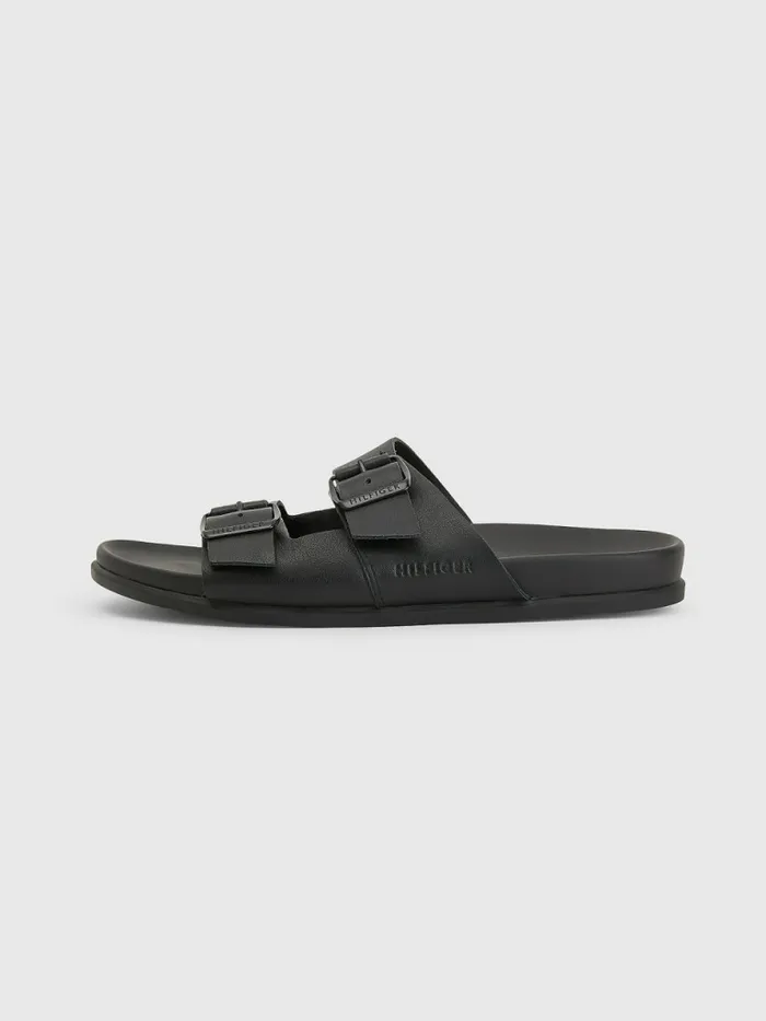 Tommy Hilfiger Elevated Double Buckle Leather Sandals Black Mens Casual Shoes Gift 4 You