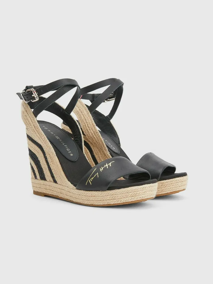 Tommy Hilfiger Elevated Leather High Wedge Sandals Black Womens Sandals Sale