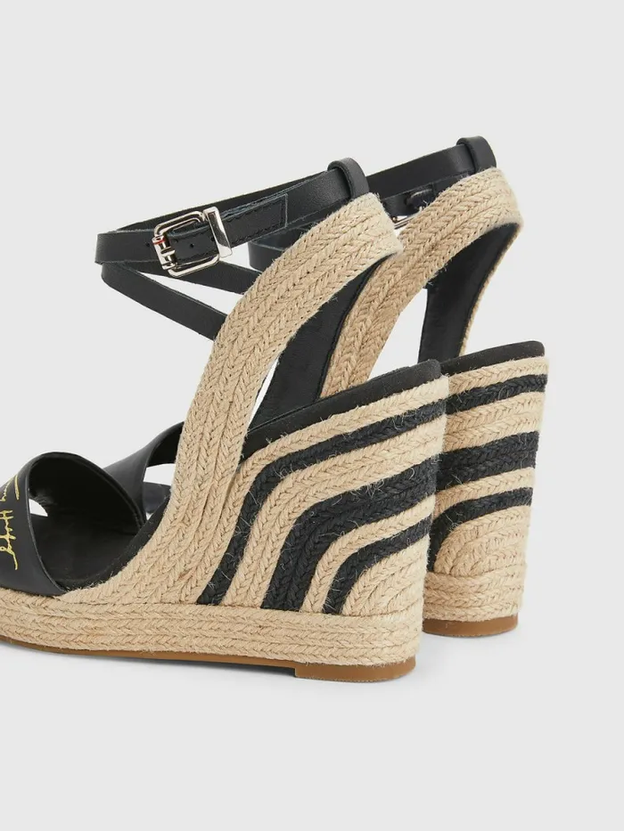 Tommy Hilfiger Elevated Leather High Wedge Sandals Black Womens Sandals Sale