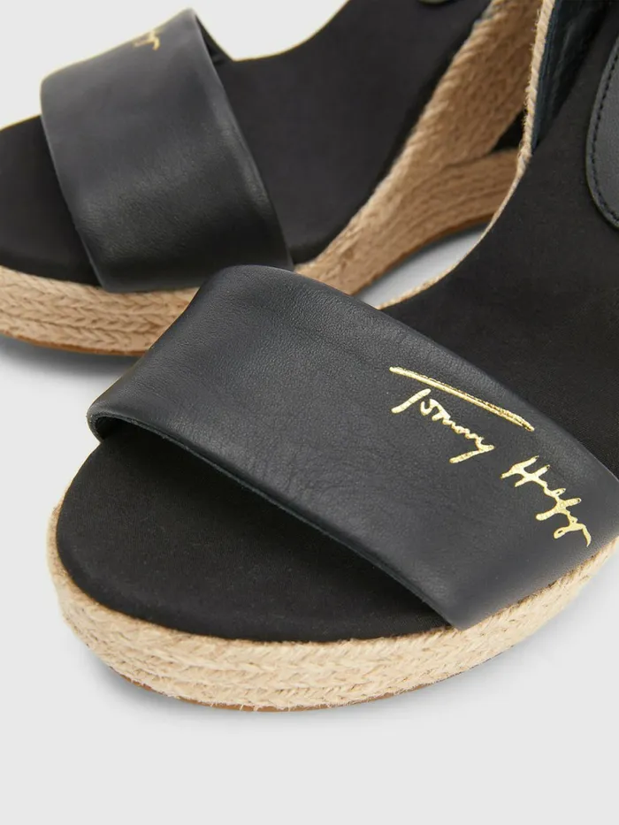 Tommy Hilfiger Elevated Leather High Wedge Sandals Black Womens Sandals Sale