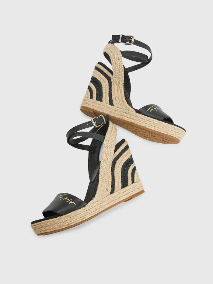 Tommy Hilfiger Elevated Leather High Wedge Sandals Black Womens Sandals Sale