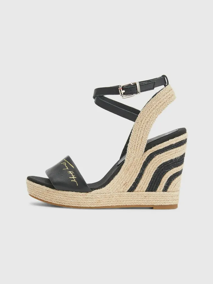 Tommy Hilfiger Elevated Leather High Wedge Sandals Black Womens Sandals Sale