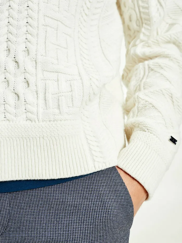 Tommy Hilfiger Elevated Oversized Signature Aran Jumper Ivory Mens Knitwear For Sale