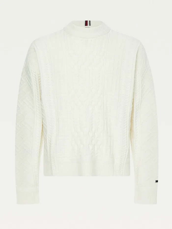 Tommy Hilfiger Elevated Oversized Signature Aran Jumper Ivory Mens Knitwear For Sale