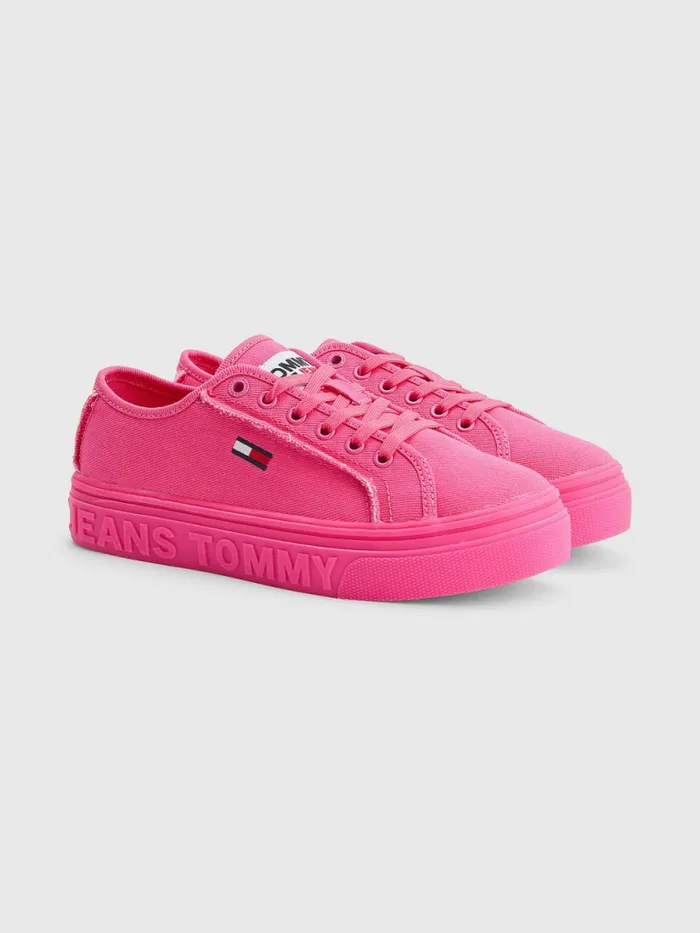 Tommy Hilfiger Embossed Logo Flatform Trainers Pink Alert Womens Trainers Casaul Tommy Hilfiger Embossed Logo Flatform Trainers Pink Alert Womens Trainers Casaul