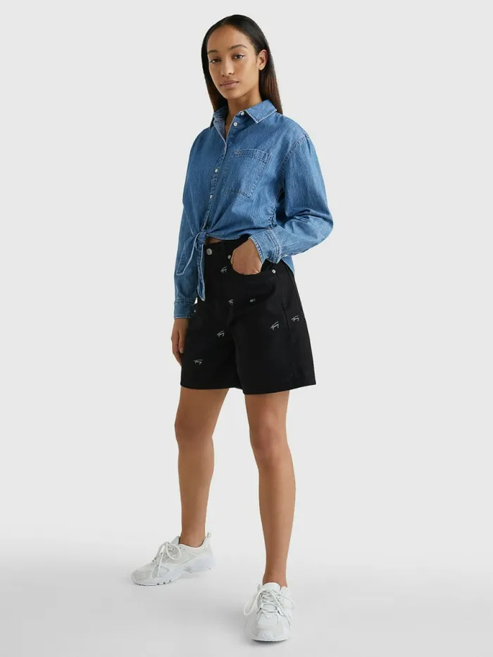 Tommy Hilfiger Embroidery Denim Mom Shorts Denim Black Womens Shorts Cheap On Sale