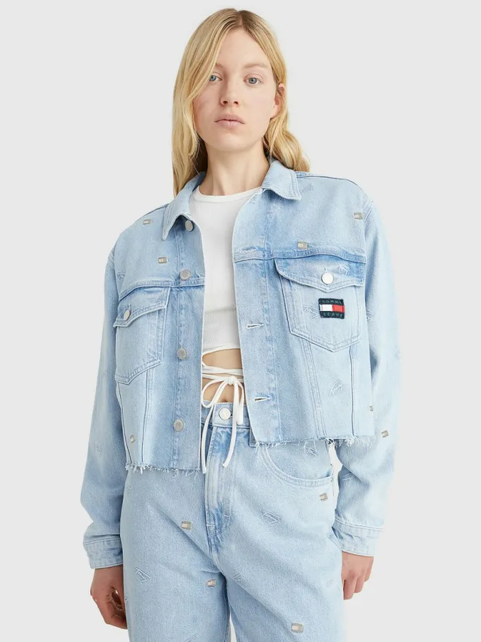 Tommy Hilfiger Embroidery Oversized Cropped Denim Trucker Jacket Denim Color Womens Coats and Jackets On Sale Tommy Hilfiger Embroidery Oversized Cropped Denim Trucker Jacket Denim Color Womens Coats and Jackets On Sale
