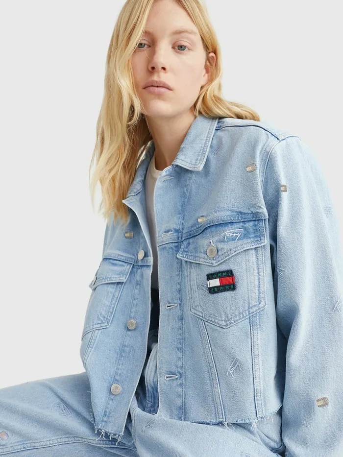 Tommy Hilfiger Embroidery Oversized Cropped Denim Trucker Jacket Denim Color Womens Coats and Jackets On Sale
