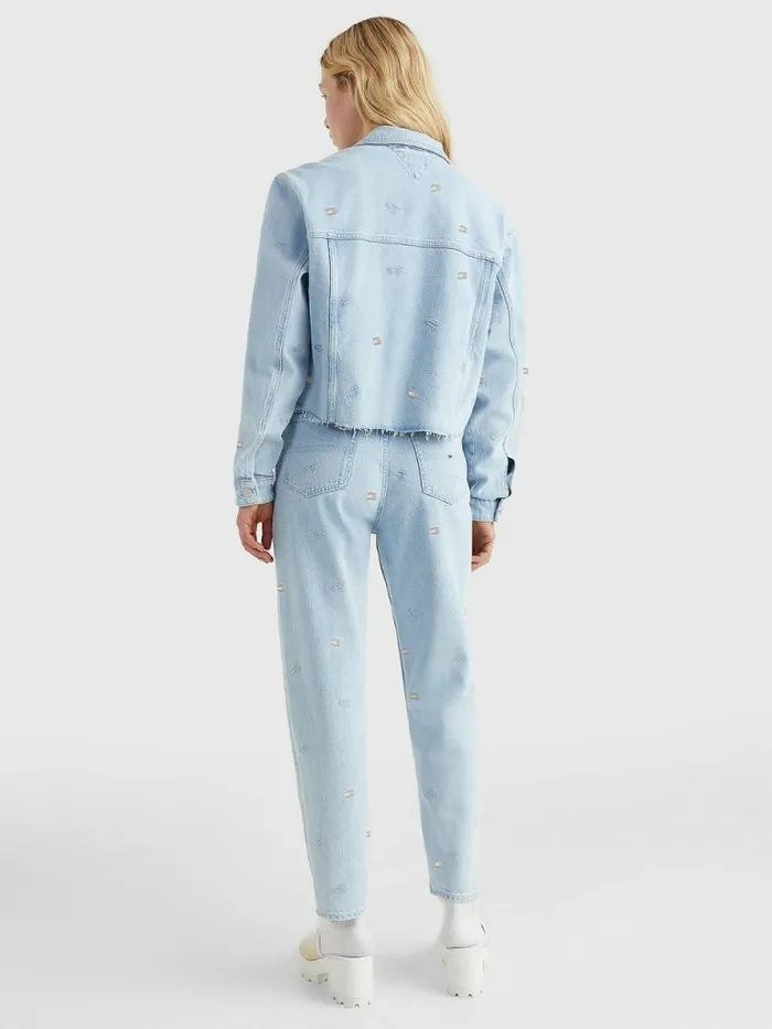 Tommy Hilfiger Embroidery Oversized Cropped Denim Trucker Jacket Denim Color Womens Coats and Jackets On Sale