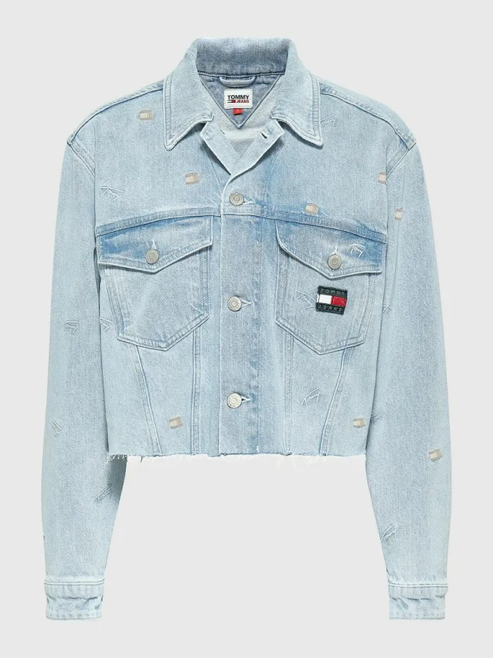 Tommy Hilfiger Embroidery Oversized Cropped Denim Trucker Jacket Denim Color Womens Coats and Jackets On Sale